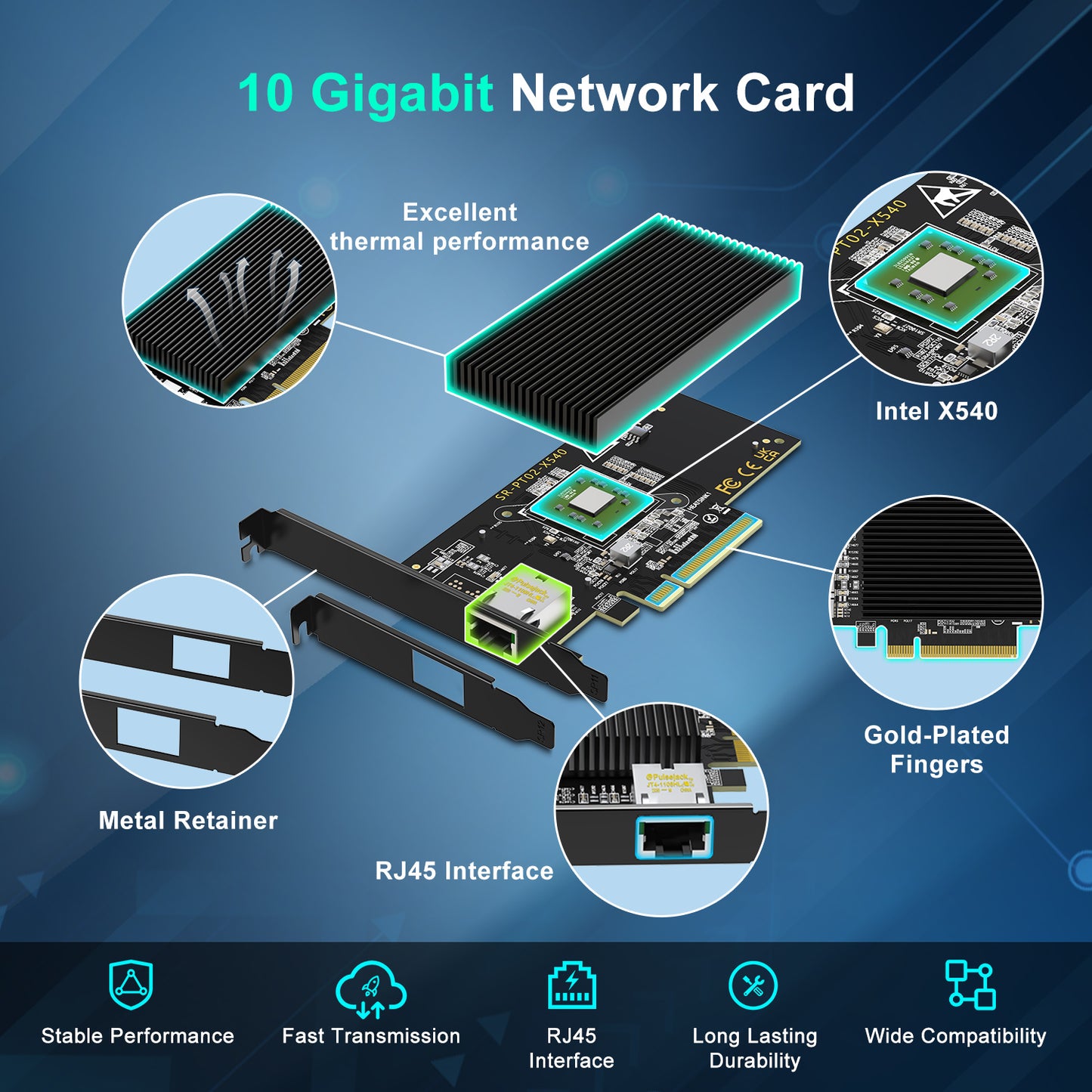 10Gb RJ45 PCI-E Network Card with X540 Controller, Single 10Gbe PCI-E NIC, Support Windows/Linux/ESX Servers